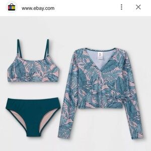 Art Class Tropical Leaf Print Bikini Set - Teal and Pink
